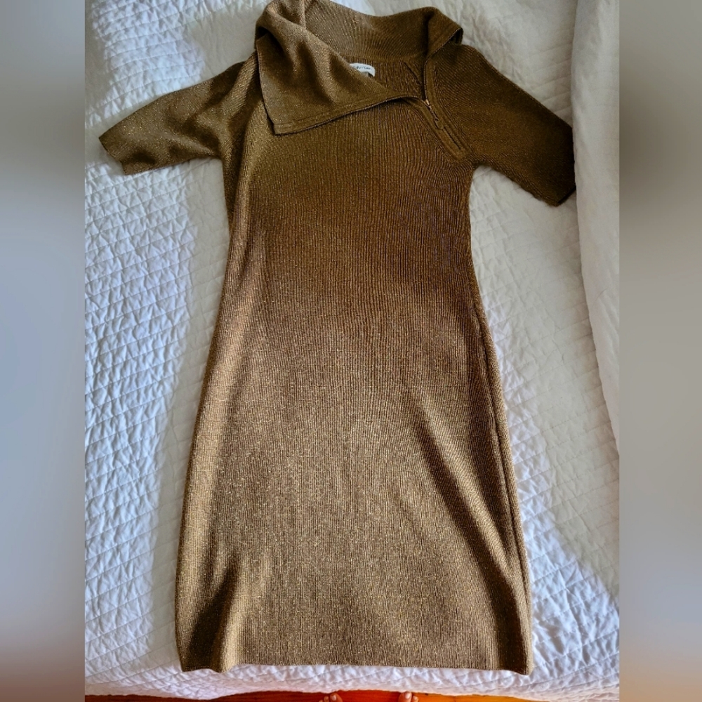 Gold Calvin Klein cowl neck sweater dress